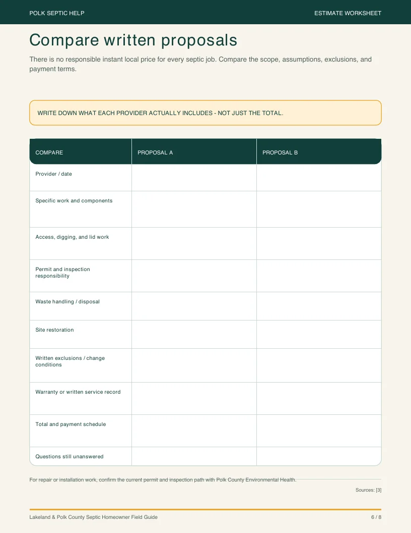Actual two-proposal comparison worksheet page from the septic field guide