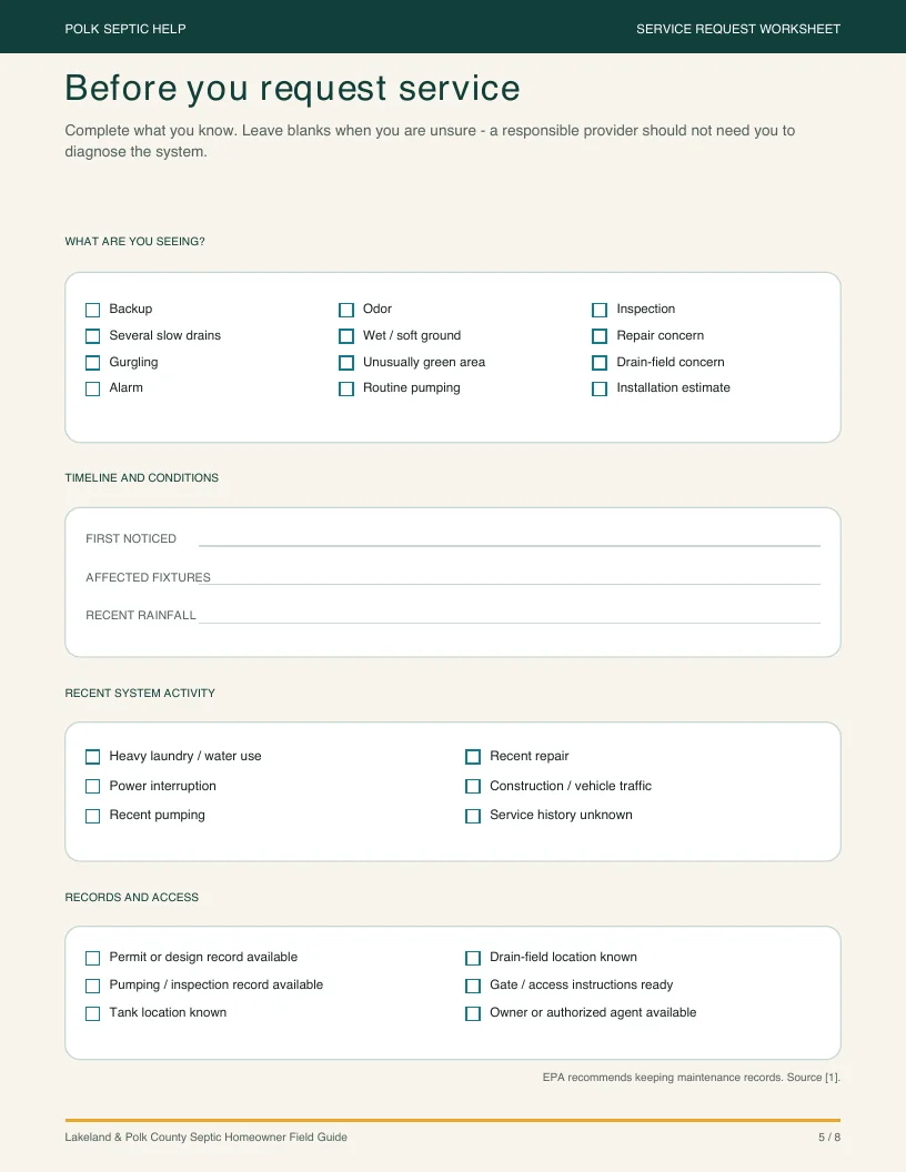 Actual service-request worksheet page from the septic field guide